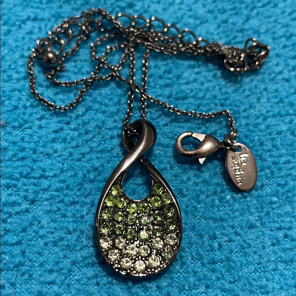 Lia Sophia Green Ombre Tear Drop Pendant Necklace on Matching Black Chain EUC